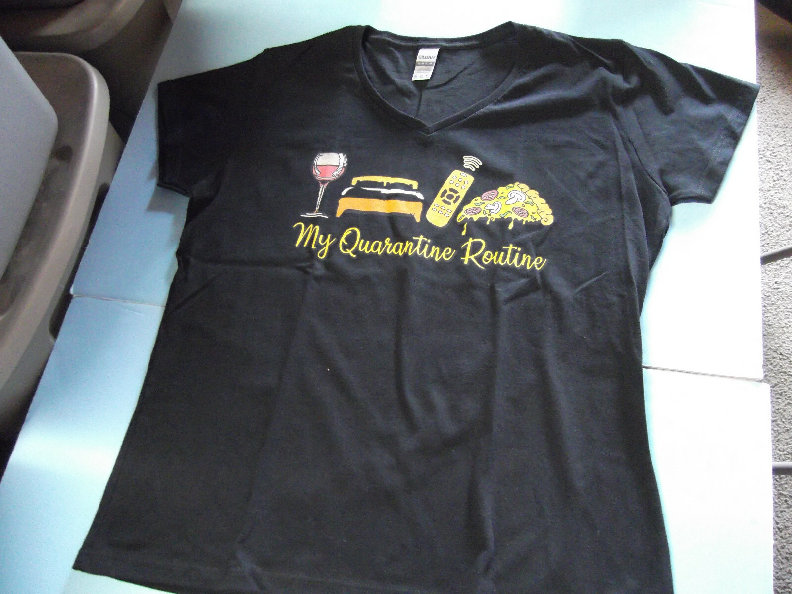 My Quarantine Routine V Neck Short Sleeve Graphic Tee Ladies XL Large