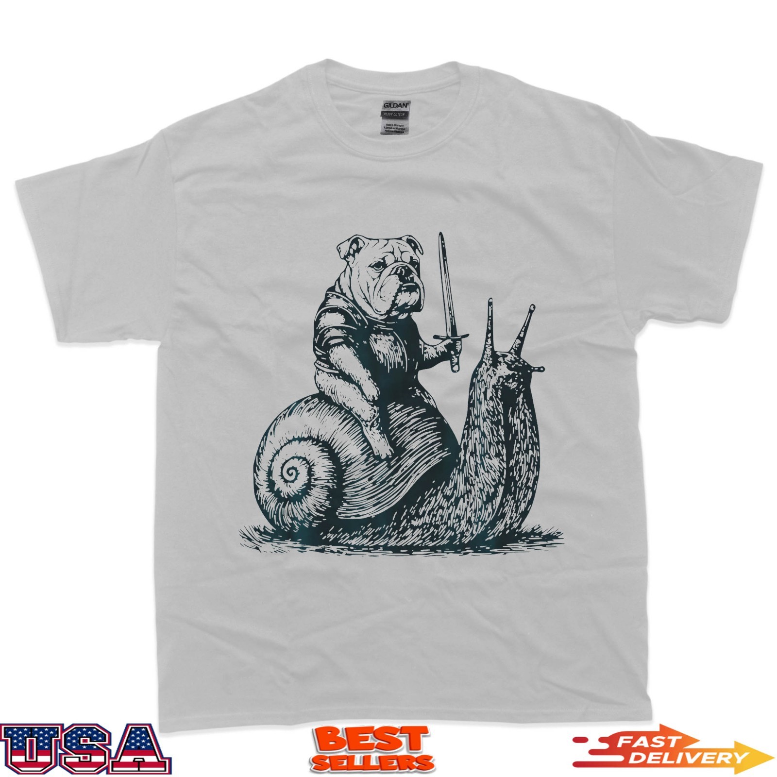 Medieval Bulldog Knight Riding Snail Vintage Funny Dog Meme T-Shirt gallery