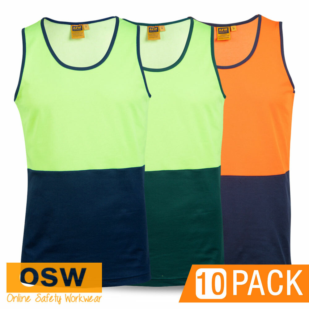 10 x Hi Vis COTTON BACK Micromesh Moisture Wicking Work Safety Tradies SINGLETS