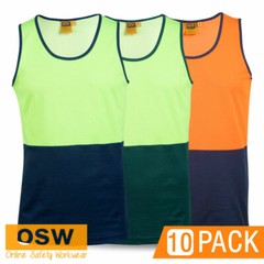10 x Hi Vis COTTON BACK Micromesh Moisture Wicking Work Safety Tradies SINGLETS