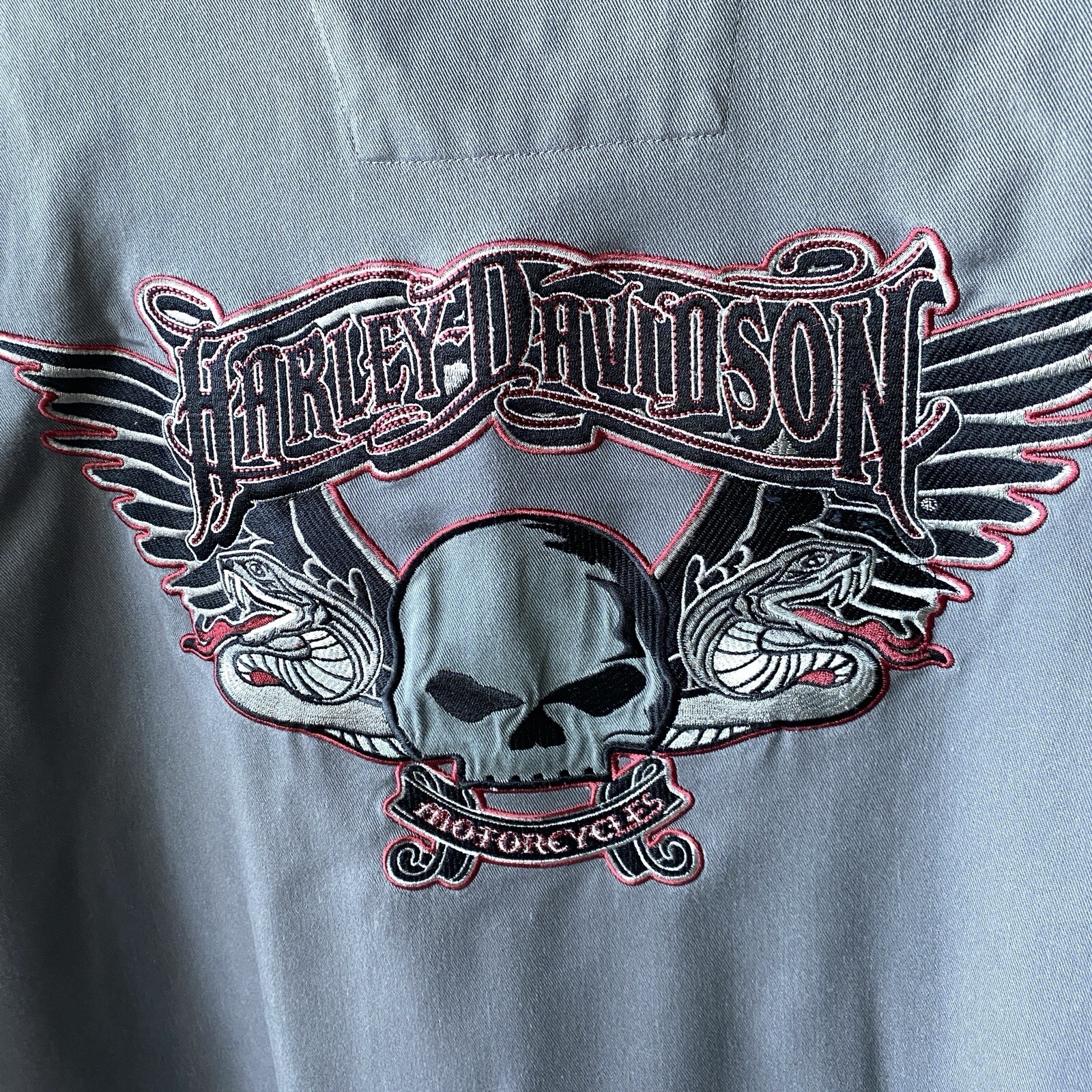 Harley-Davidson Mens Shirt XL Zipper Pockets Embroidered Skull Poly Blend Exc gallery