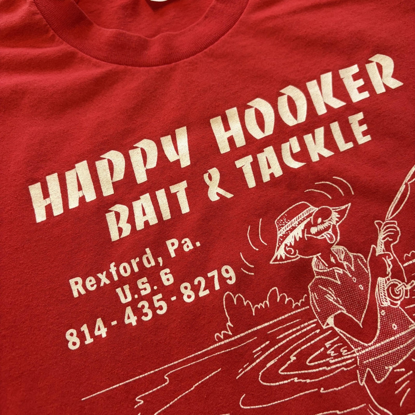 Vintage Stedman Happy Hooker Bait & Tackle Shirt Mens Large Red Fishing 80s gallery
