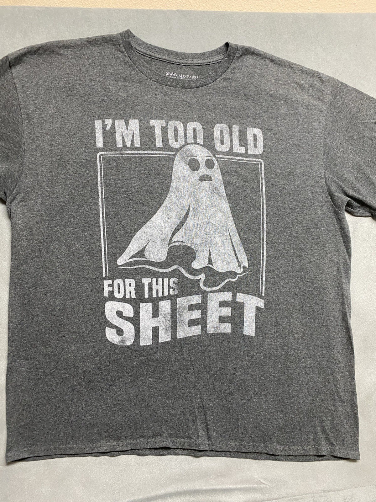 SeaWorld Halloween T Shirt XL Gray Ghost Funny Graphic Too Old For This Sheet gallery