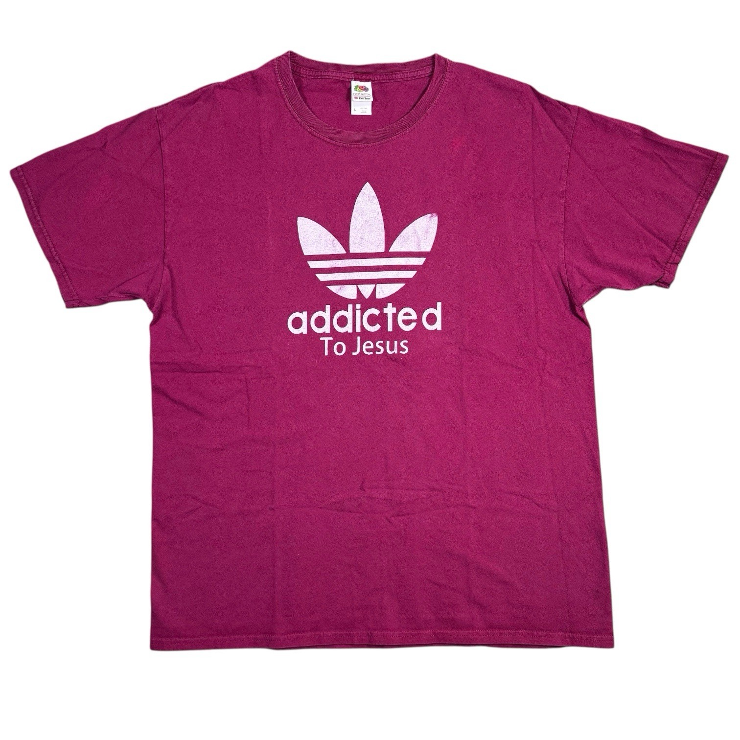Addicted To Jesus Christian Parody Shirt Men’s Large Maroon Trefoil Adidas Logo gallery