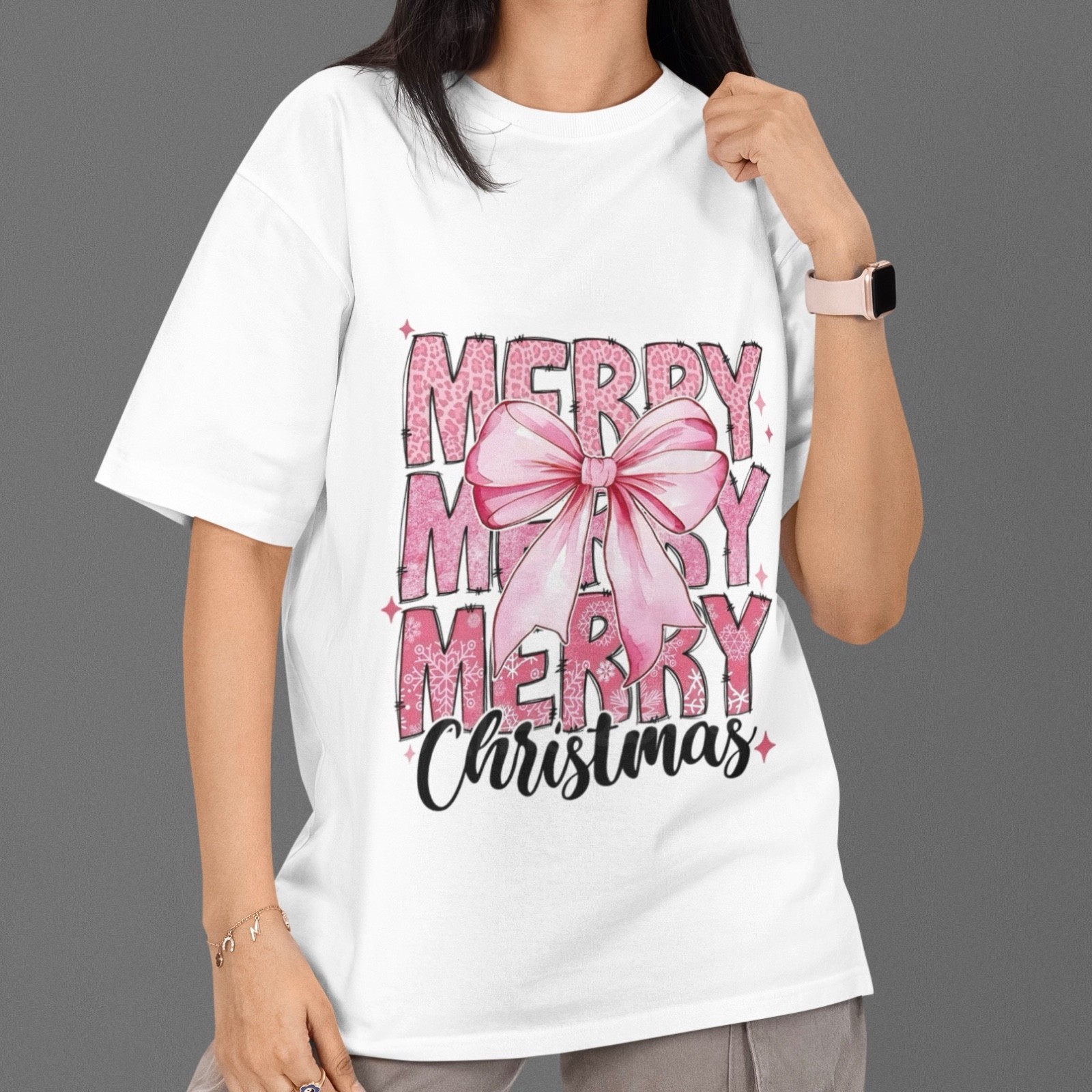 Merry Christmas Pink Bow Graphic Tee Cute Festive Holiday Aesthetic Unisex Winte gallery