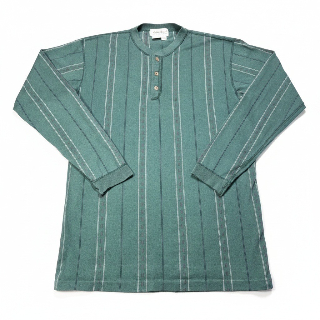 Eddie Bauer Men’s Medium Tall Henley Shirt Long Sleeve Green Striped 100%