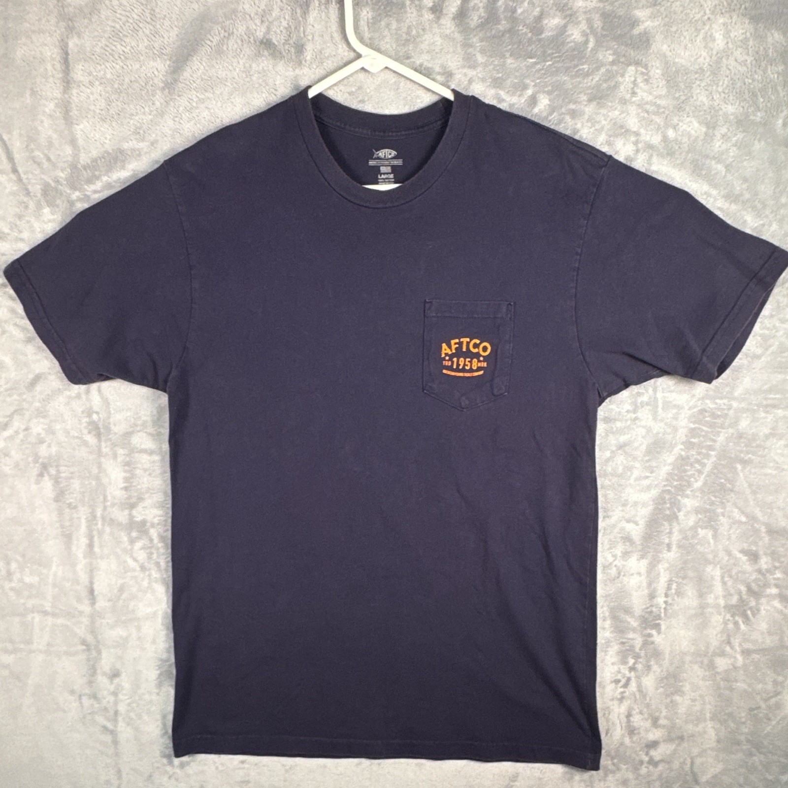 AFTCO Men's Navy Fishing Graphic Pocket Crew Neck T-Shirt Short Sleeve Size L gallery