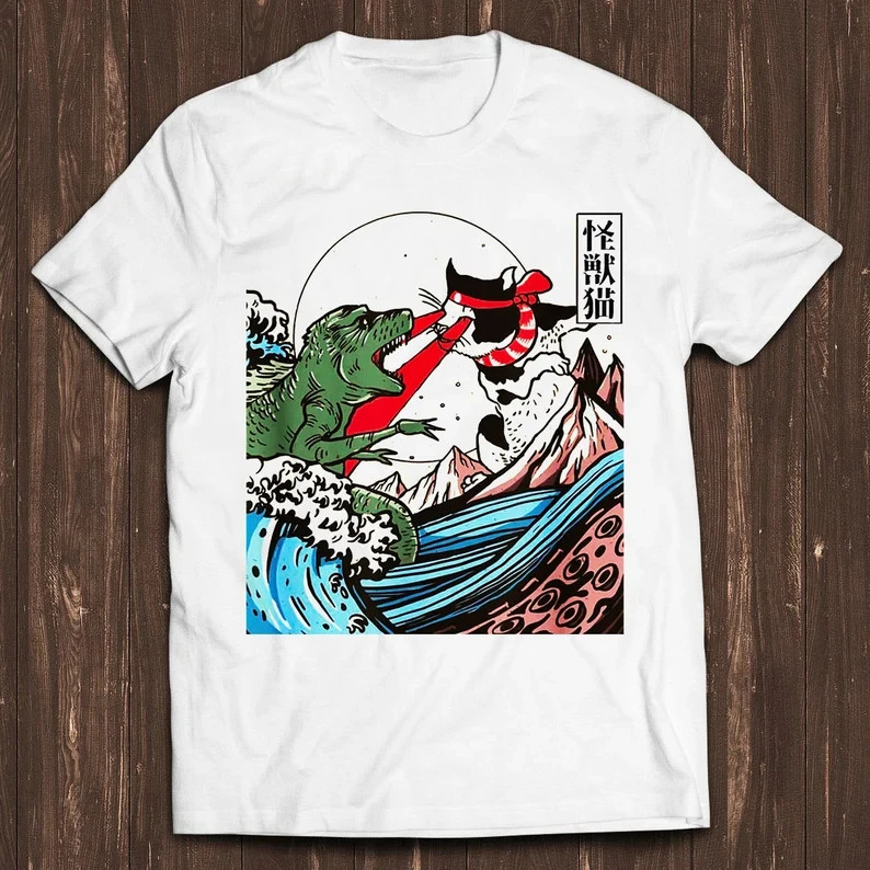 Horror Dinosaur Cat The Great Wave Off Kanagawa Catzilla Ocean Meme Gamer Funny gallery