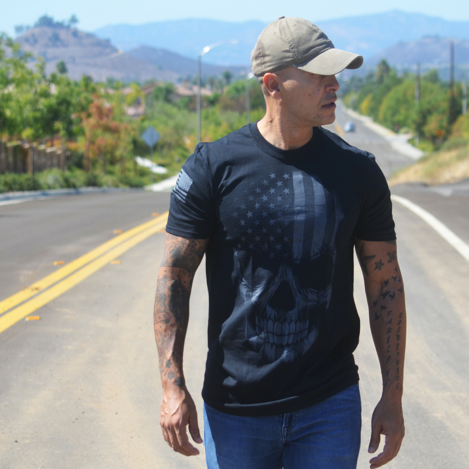 Skull USA Distressed Men T Shirt American Flag Tee Gym Biker gallery