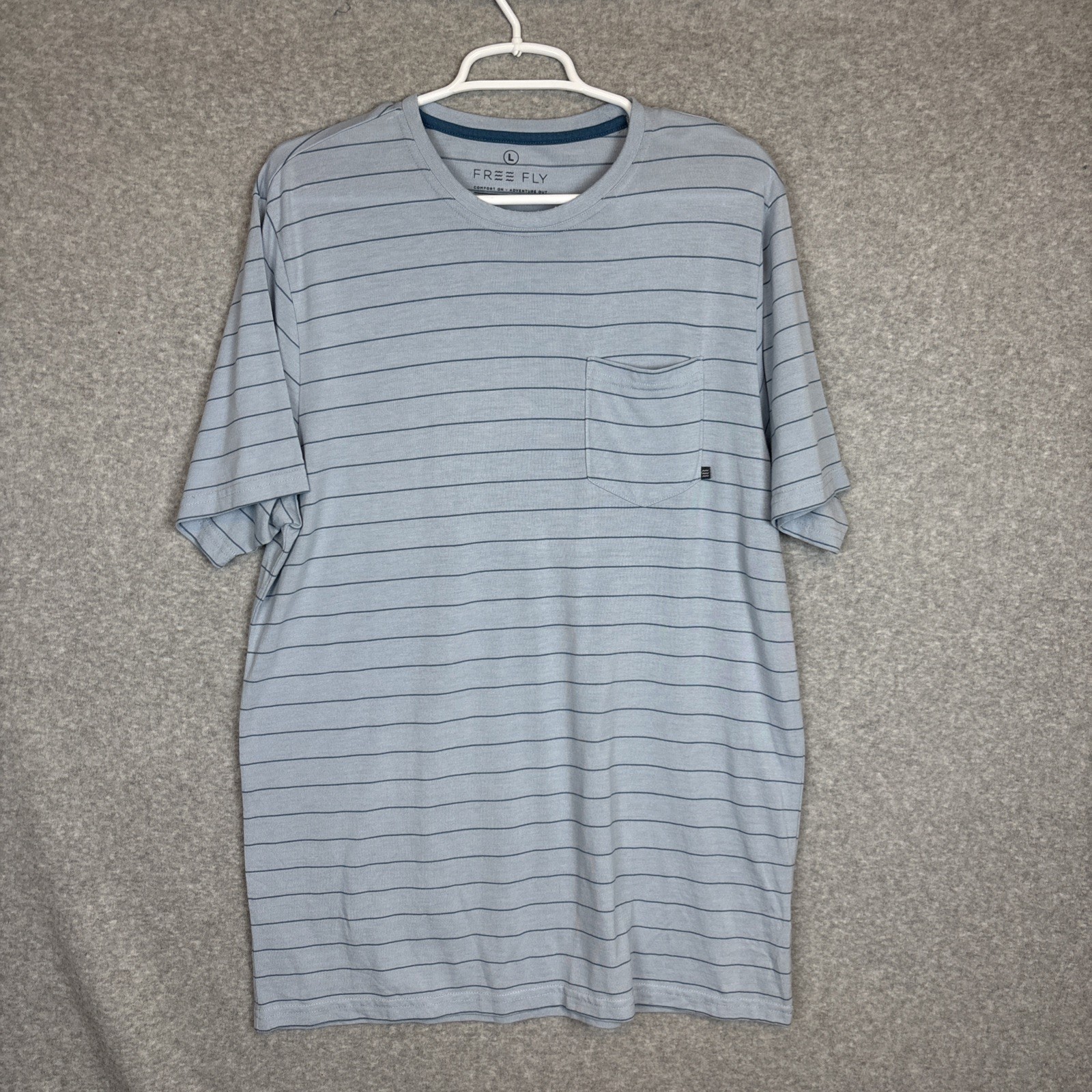 Free Fly T-Shirt Men's Large Blue Stripe Performance Bamboo Pocket Short Sleeve gallery