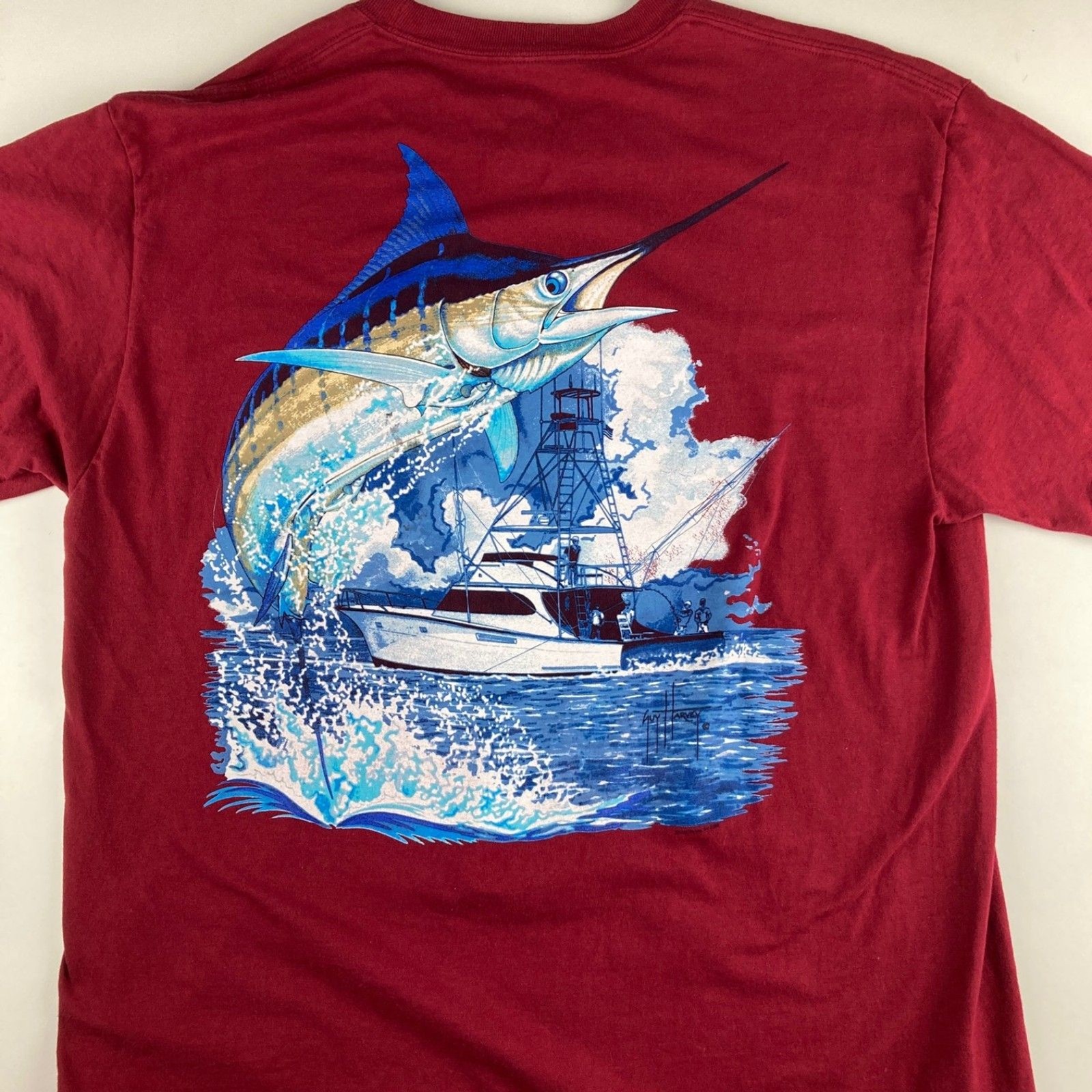 Guy Harvey Marlin Fishing Pocket T-Shirt Mens Large Red Offshore Boat gallery
