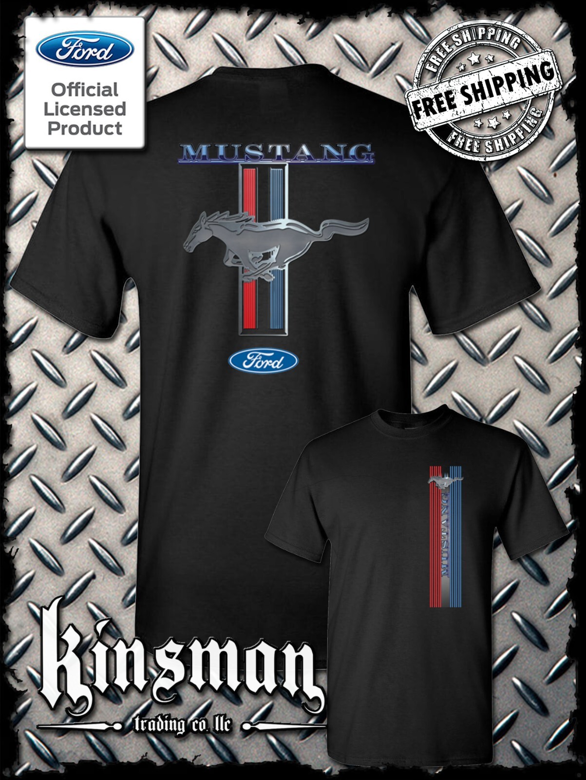 Ford Mustang Red White & Blue Stripe Logo 2-Sided T-Shirt