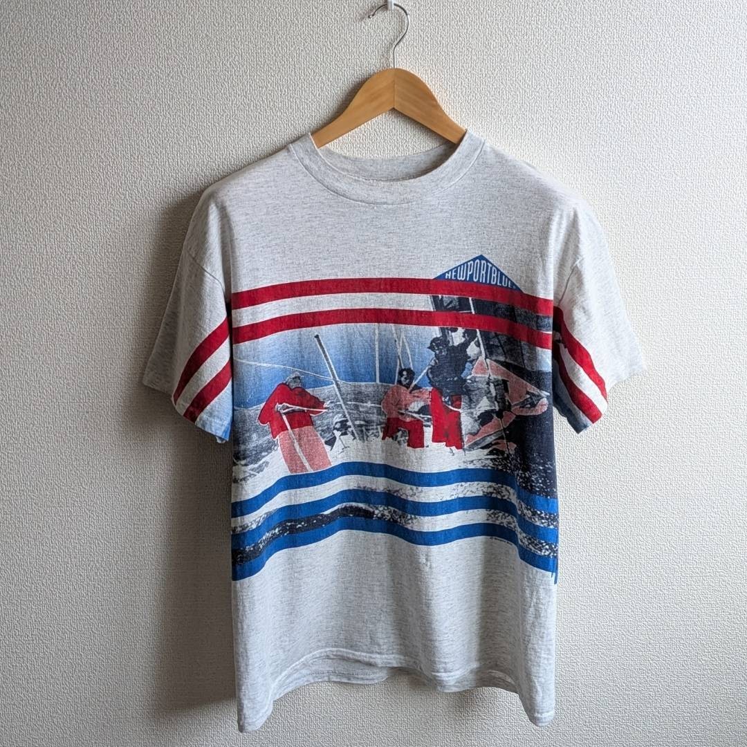 Vtg 90s Newport Blue Sailing Art T Shirt L Made in USA Single Stitch Sleeve Boxy gallery