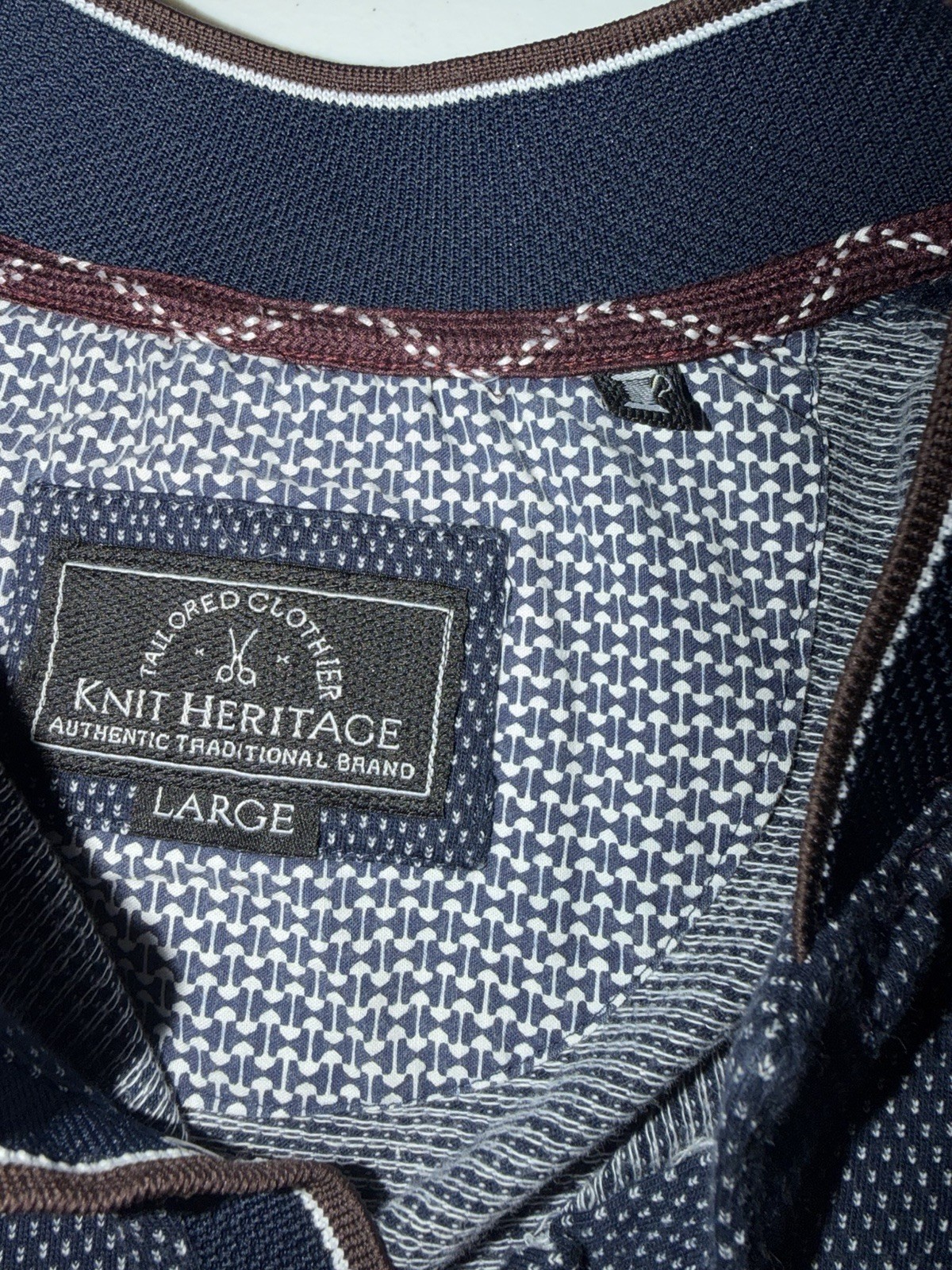 Knit Heritage Polo Men's L Blue Henley Short Sleeve Knit Geometric Buttons gallery