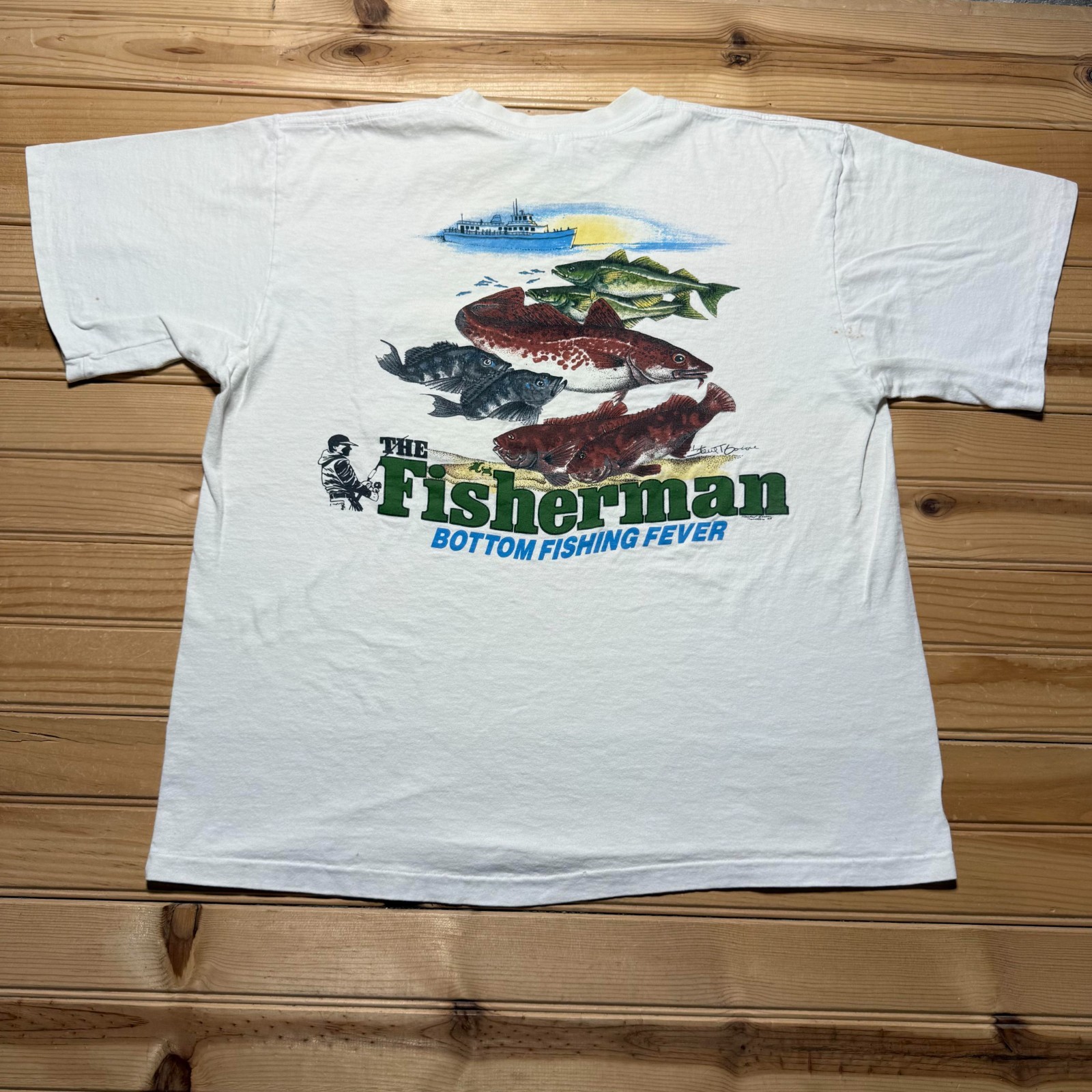 Vintage 1993 The Fisherman Bottom Fishing Fever Pocket Graphic T-Shirt - Large gallery