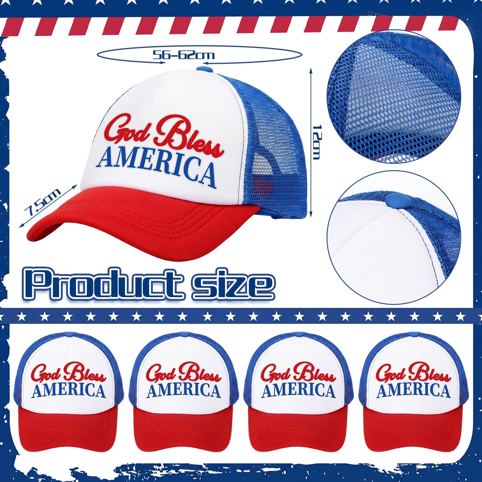 4 Pack 250th Anniversary Patriotic Hats Bulk Adjustable 4th of July Trucker H... gallery