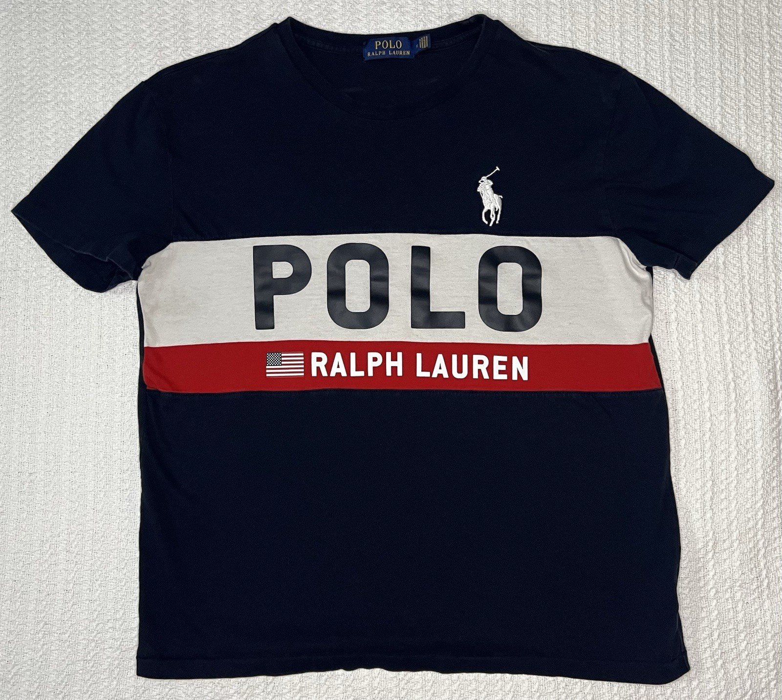 Polo Ralph Lauren Flag Logo Colorblock T-Shirt – Men’s Size M 20” X 24”– Navy gallery