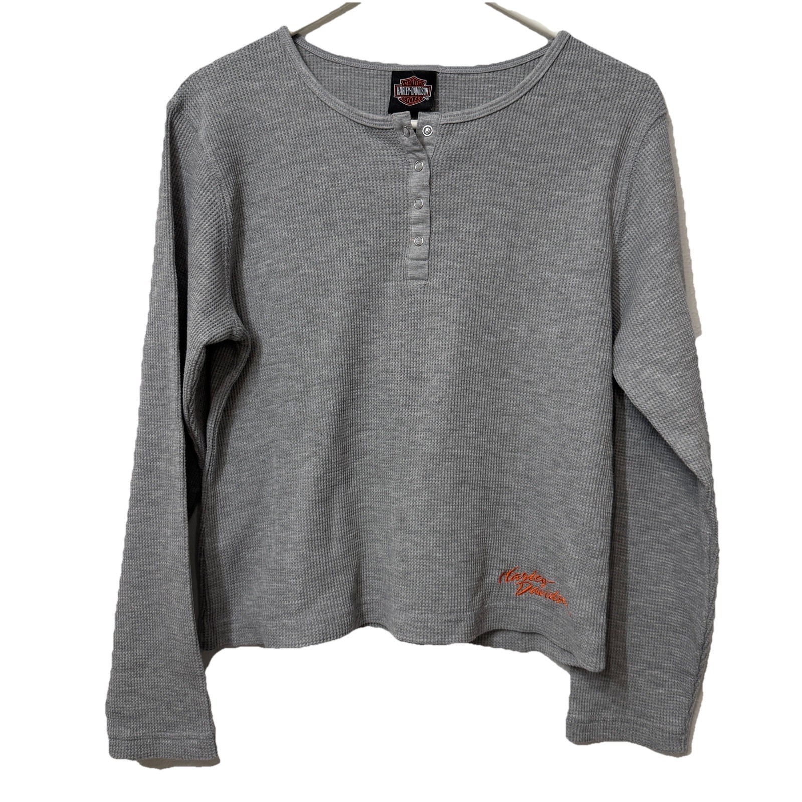 Vintage 90s Harley Davidson Embroidered Thermal Long Sleeve Henley Gray Shirt