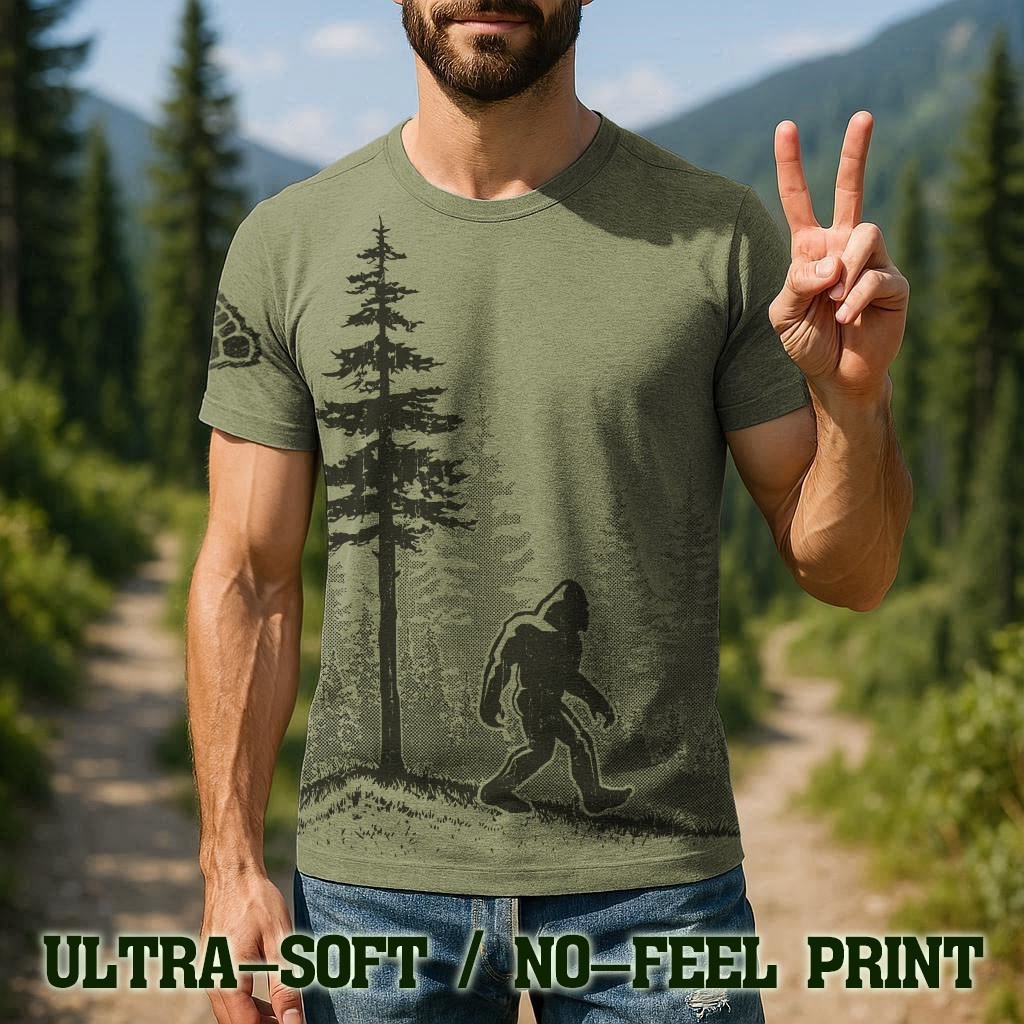Men’s Bigfoot T Shirt Funny Sasquatch Forest Graphic Tee, No-Feel Print - F001 gallery