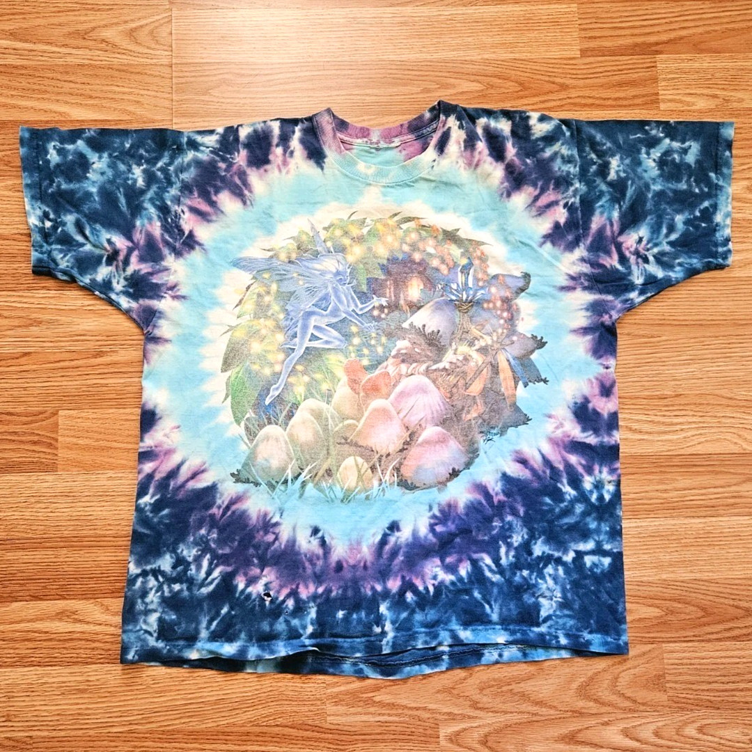 Vintage 90s Liquid Blue Fairy Fantasy Mushroom T Shirt Tie Dye Size Large gallery