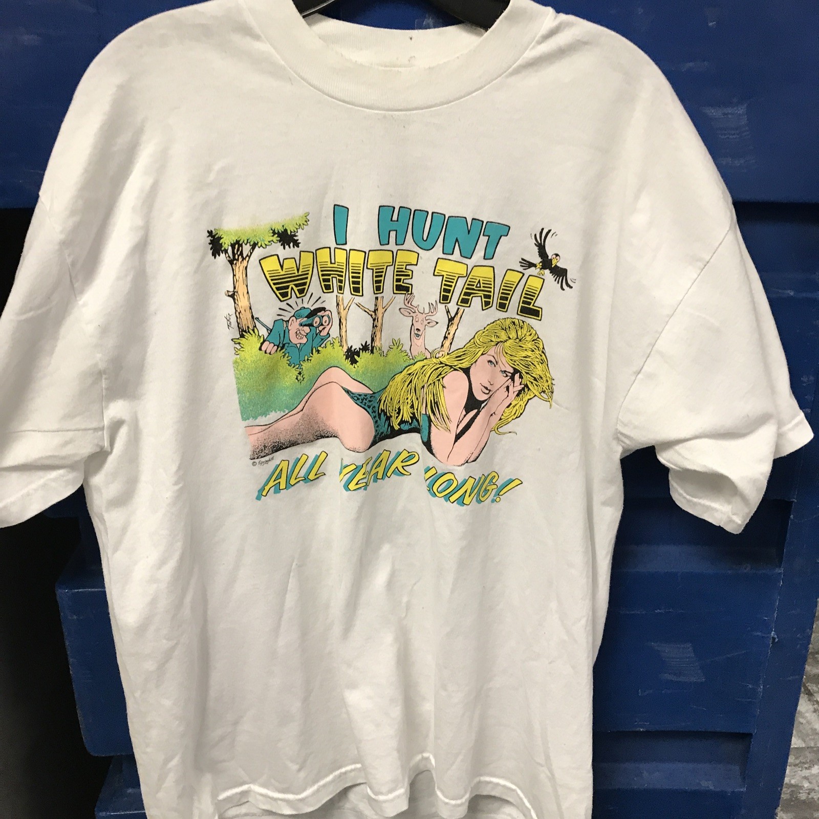 Vtg I HUNT WHITE TAIL ALL YEAR LONG T-SHIRT 1991 PARODY HUNTING DEER FUNNY XL gallery
