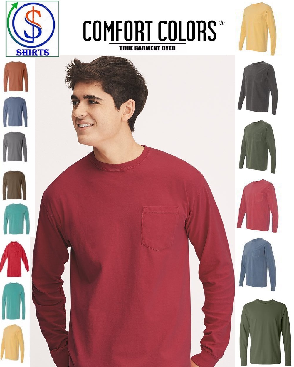 New Comfort Colors 4410 Garment-Dyed Heavyweight Long Sleeve Pocket T-Shirt Sale