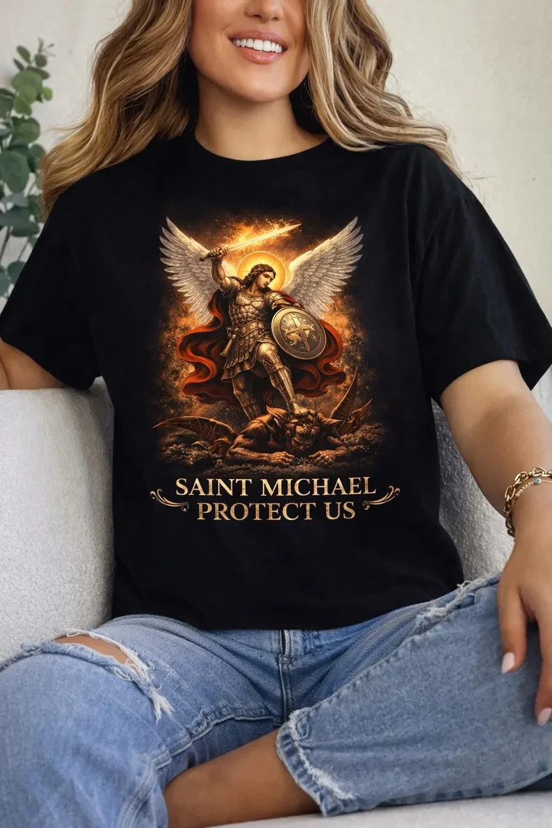 Saint Michael Arcangel T-shirt Burning Owl Graphic Shirt / Saint Michael Tshirt gallery