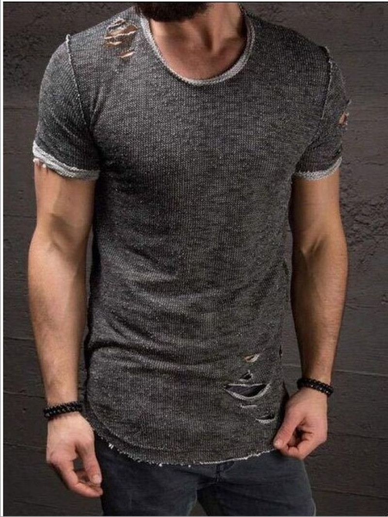 Men's Slim Fit O Neck Short Sleeve Muscle Tops Tee T-shirt Ripped Casual Blouse gallery
