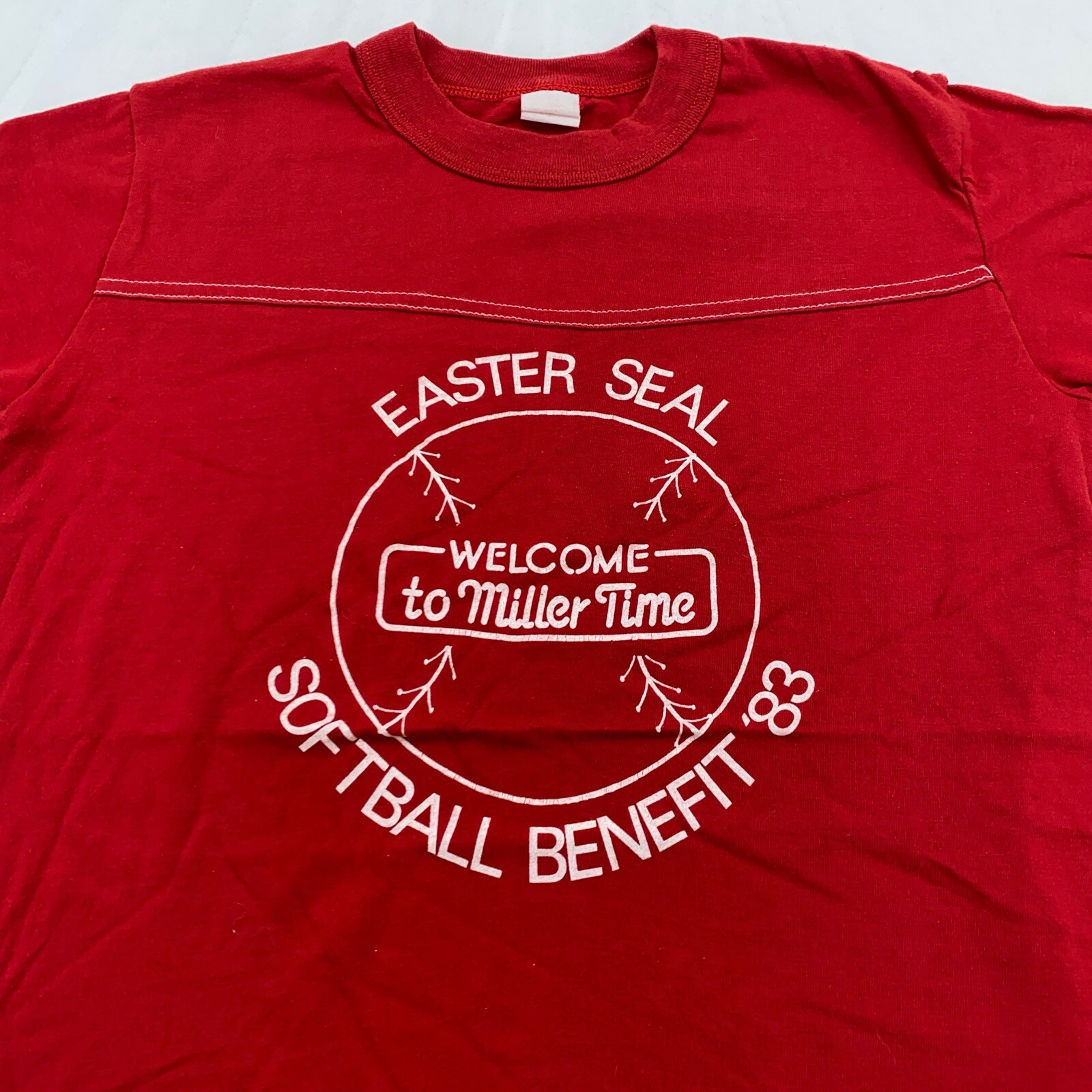 vintage 80s EASTER SEAL SOFTBALL BENEFIT MILLER BEER T-Shirt 2XS/XS gallery