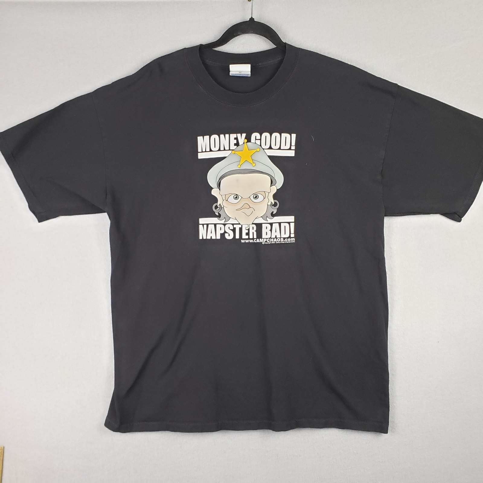 Y2K Campus Chaos Black Graphic Tee Money Good Napster Bad Cop Humor 2000 Size XL gallery
