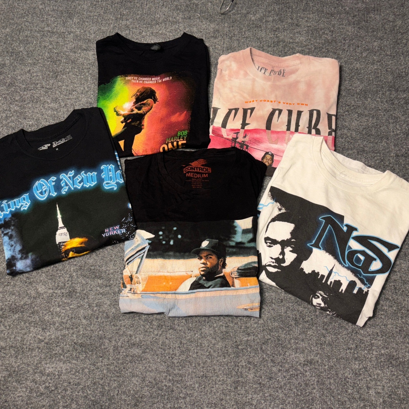 Bands graphic T-Shirt Lot Mens Medium Nas Ice Cube Bob Marley Pop Smoke Hip Hop gallery