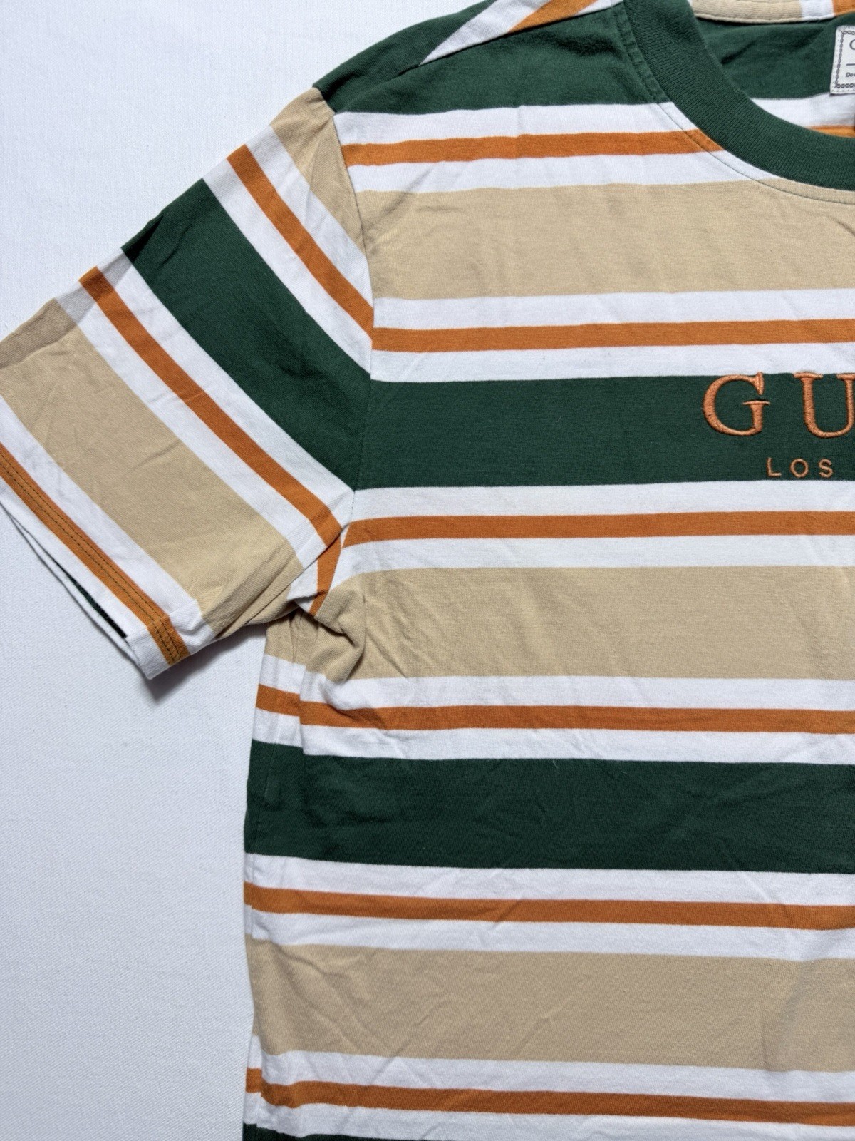 Guess Los Angeles Striped T Shirt Mens Size M Made in India VTG Green Orange Y2K gallery