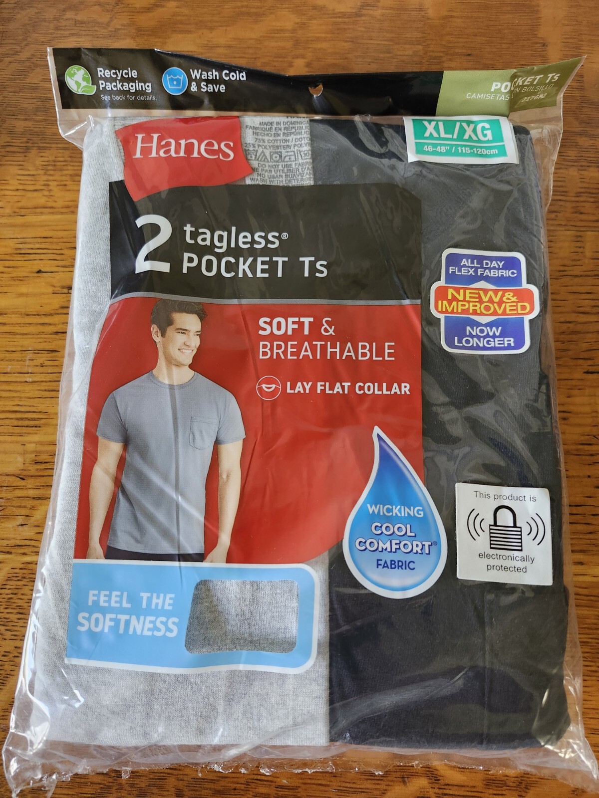 NEW Hanes Men’s Tagless Pocket Ts Wicking Soft Breathable 2 Pk Size XL (46-48″)