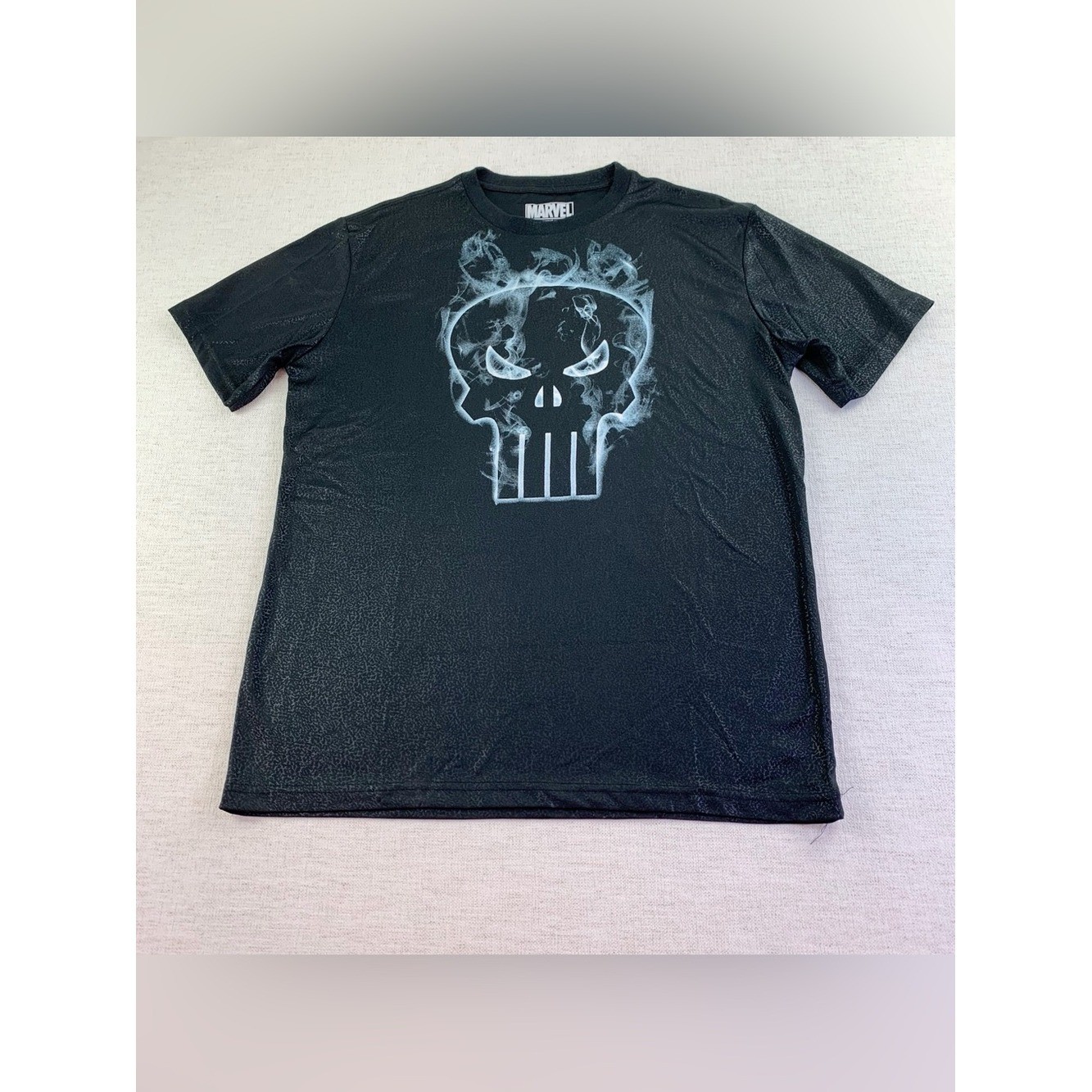Marvel Black Short Sleeve Tee with Smoky Punisher Skull shiny textured fabric