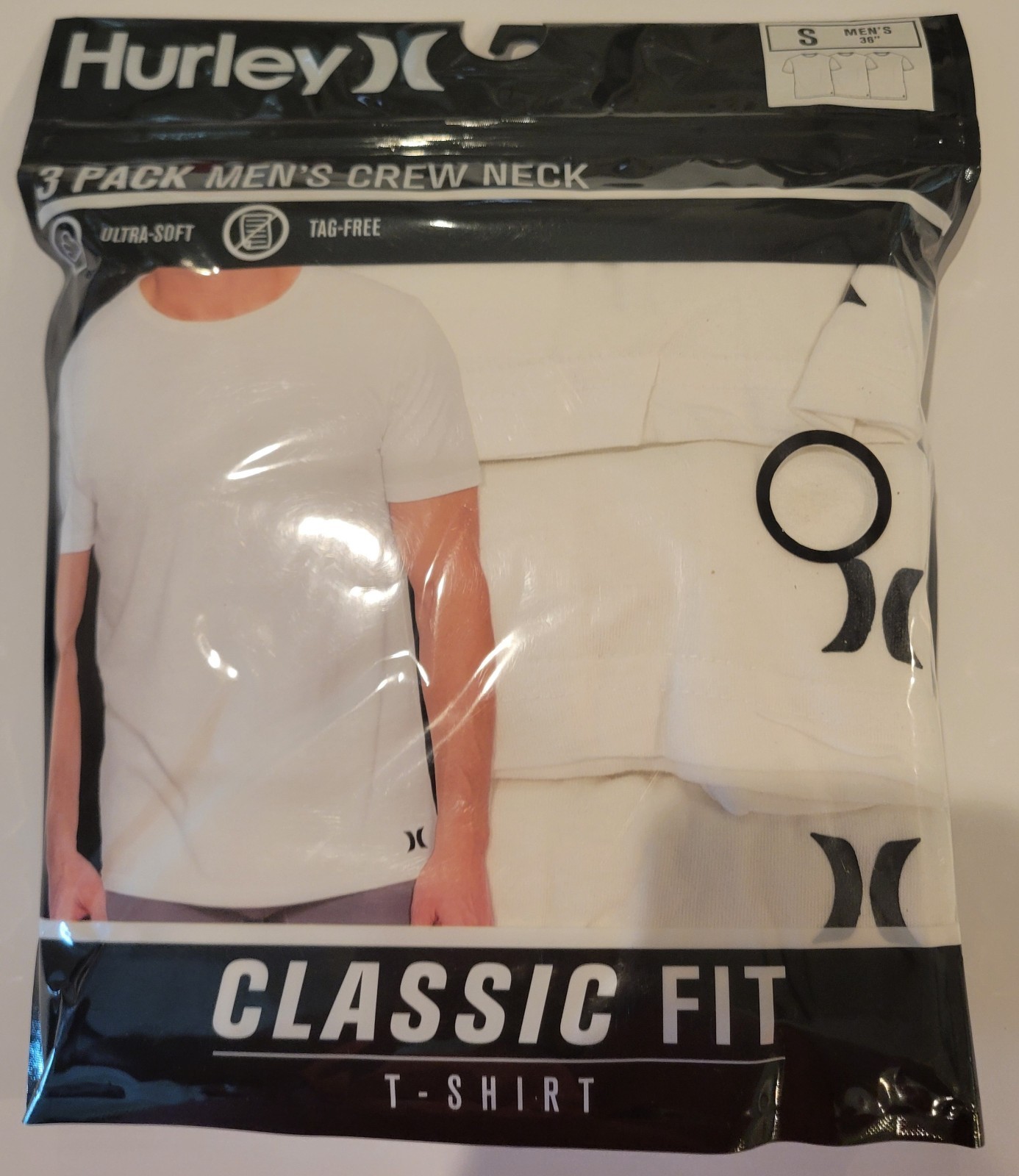HURLEY 3 Pack Men’s Small Soft Cotton Crew Neck White Short Sleeve Shirt Qty!
