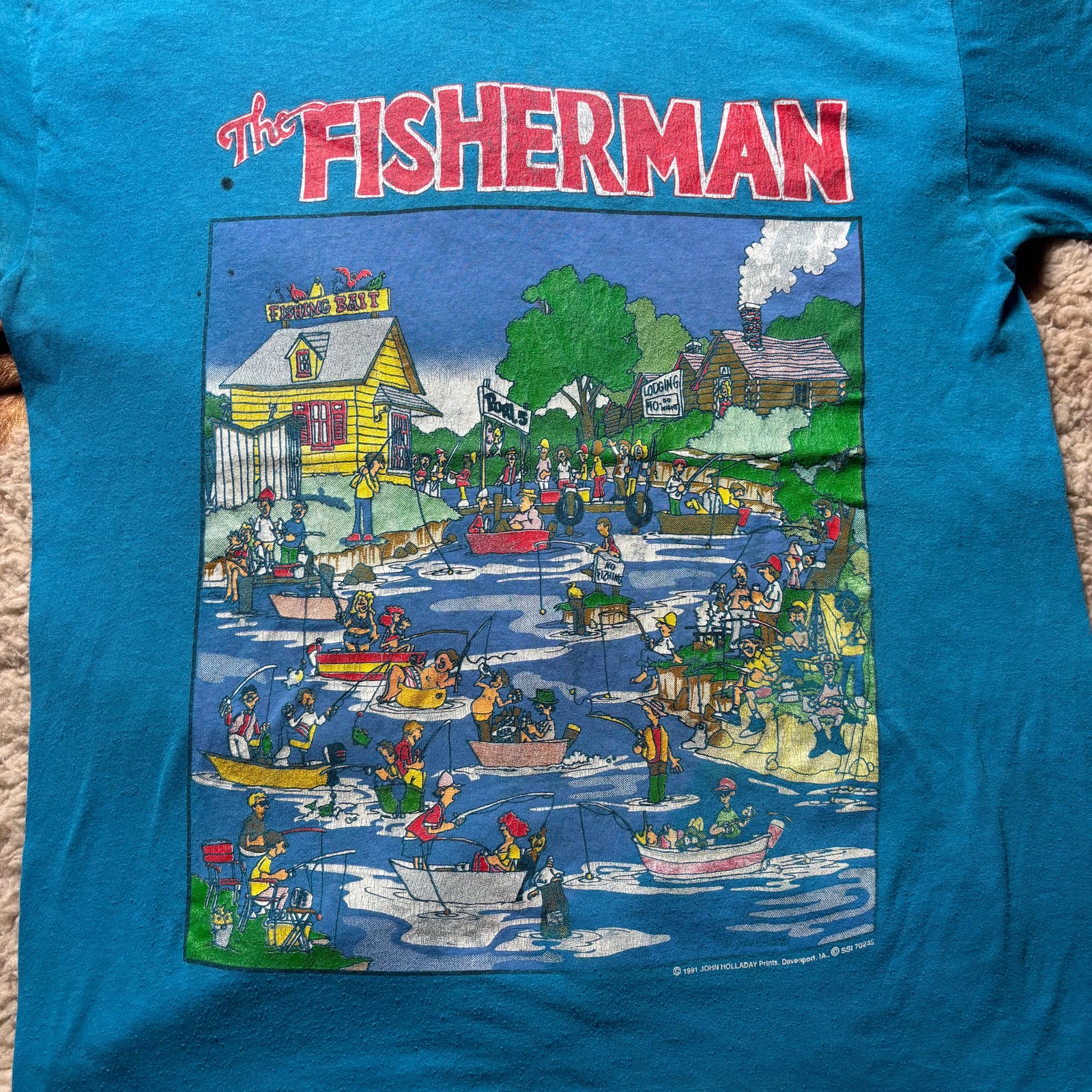 1991 The Fisherman Lake Cartoon Men's Blue T-Shirt Size L John Holladay 90s Vtg gallery