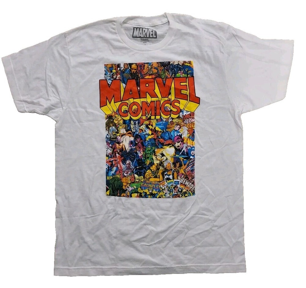 NWOT Marvel Comics Classic Character Collage White t-shirt Mens Size L AMAZING