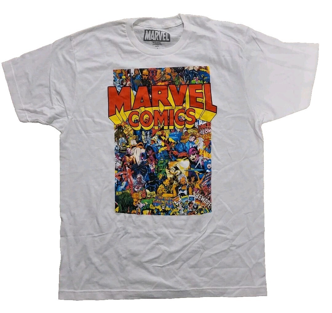 NWOT Marvel Comics Classic Character Collage White t-shirt Mens Size L AMAZING