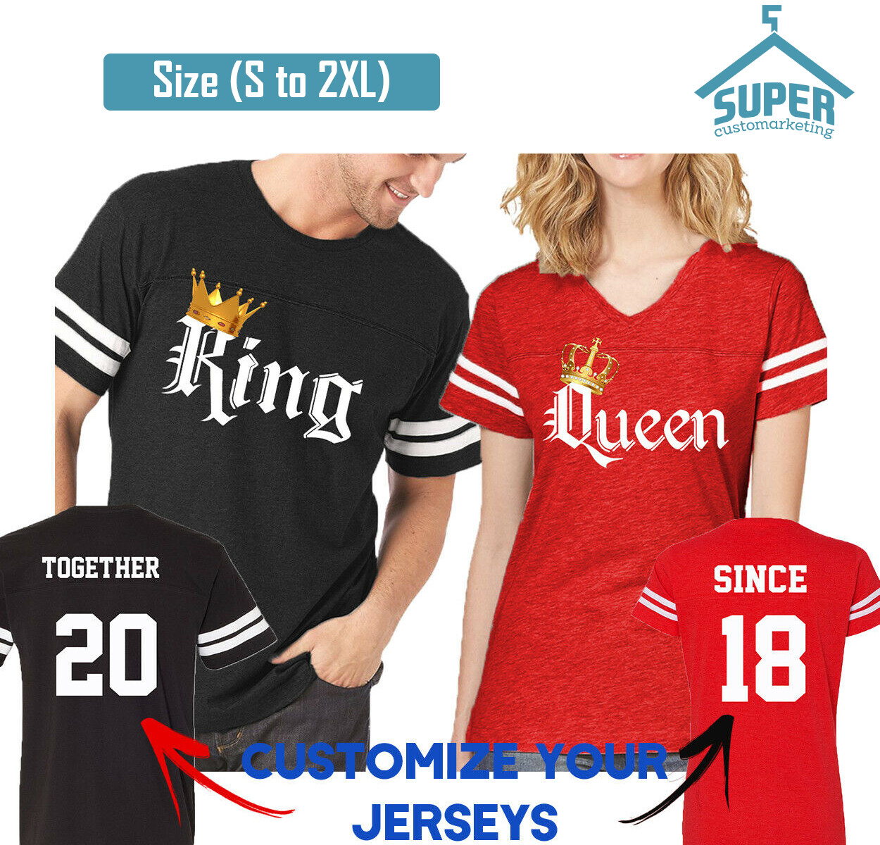Couple Matching Shirts COLOR King Queen FOOTBALL JERSEYS TOGETHER SINCE Customiz