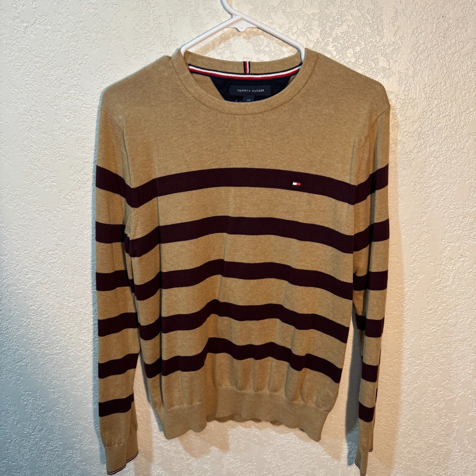 Tommy Hilfiger Long Sleeve Stripped Mens Sweat Shirt-Color Biege with Maroon gallery