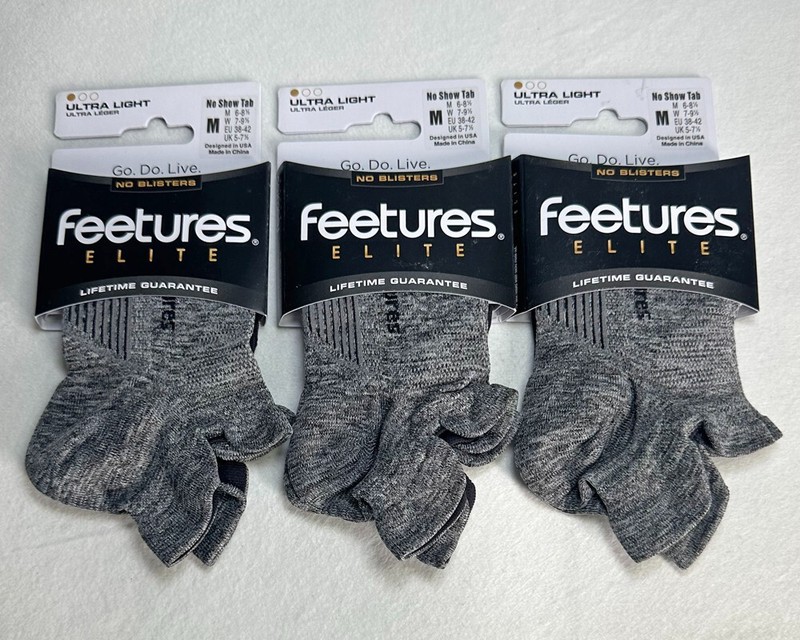 3 Pairs Feetures Men’s Elite athletic No Show Tob Socks Ultra Light Size M Grey
