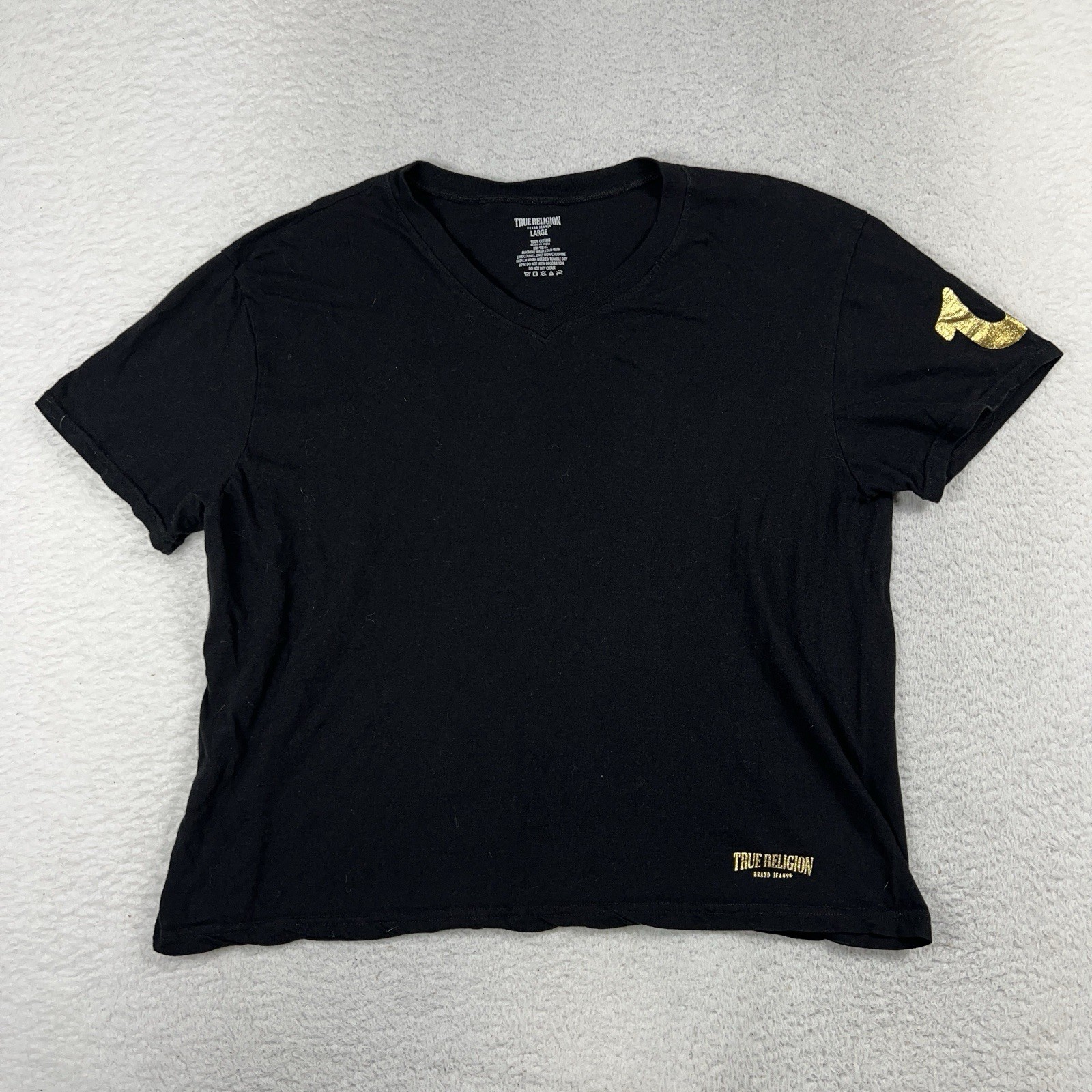 True Religion Men’s Black V-Neck T-Shirt Large Fits Wide And Short (M Oversized)