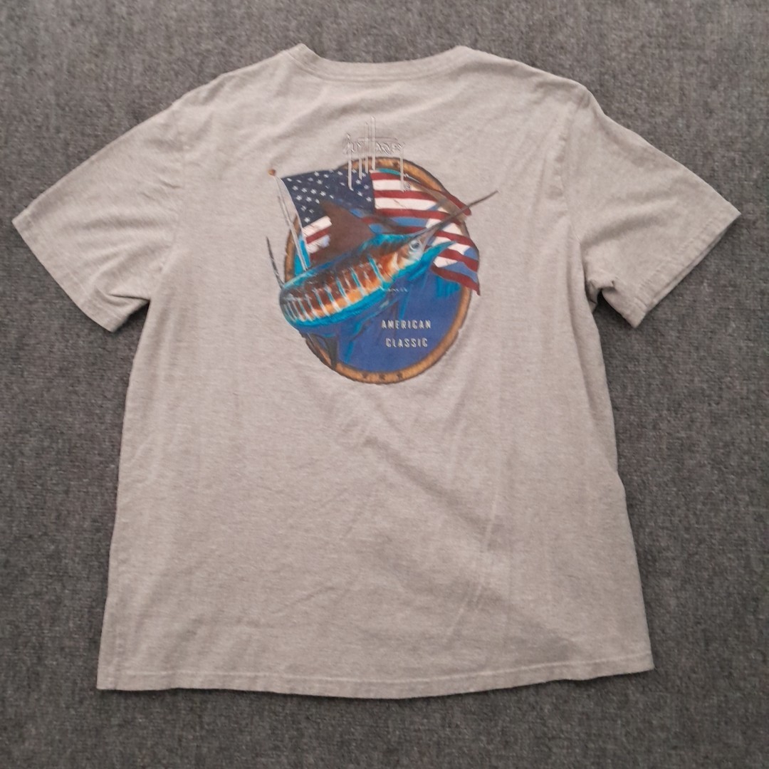 Guy Harvey T Shirt Mens L Gray Pocket Marlin Flag American Classic Fishing Art gallery