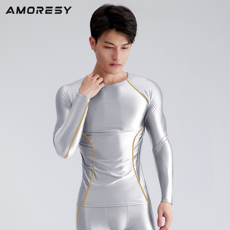 AMORESY Men Glossy Satin Oil Long-Sleeve Fitness T-Shirt Round Neck Running Tops gallery
