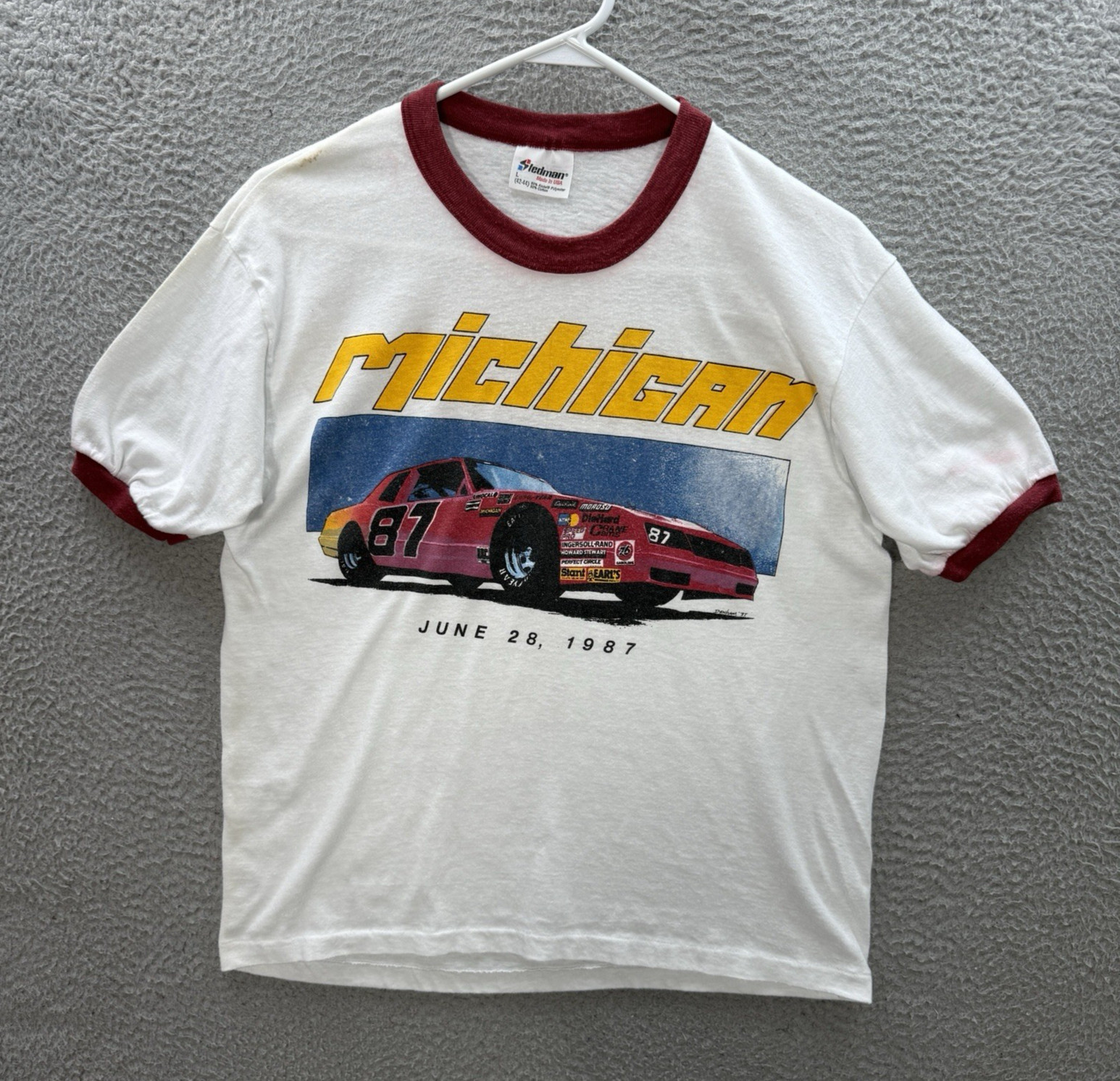 Vintage Stedman Shirt Adult Large White Ringer Stock Car Racing Grunge 80s Mens gallery