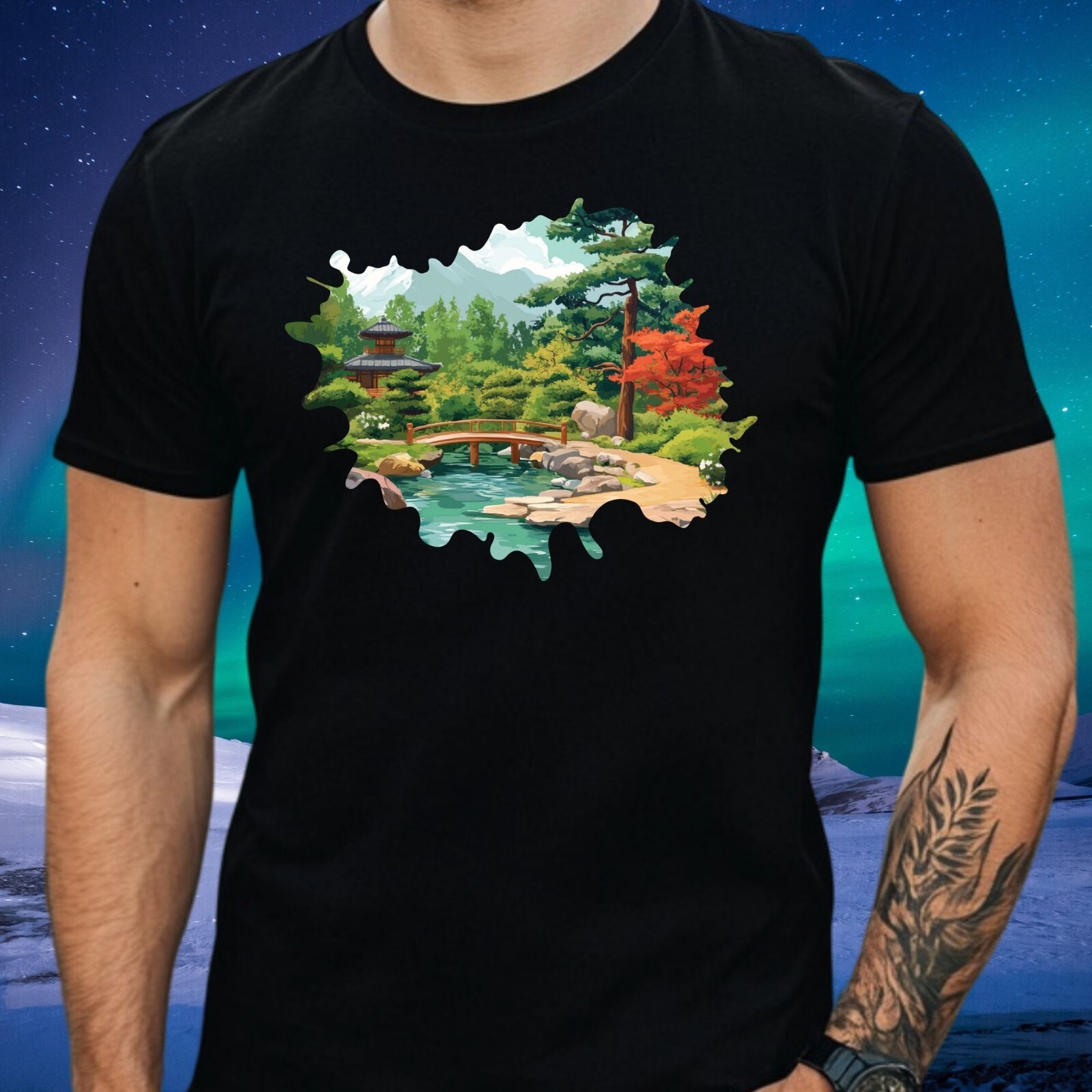 Mens Japanese Garden Motif Cotton T-Shirt Size XS to 5XL