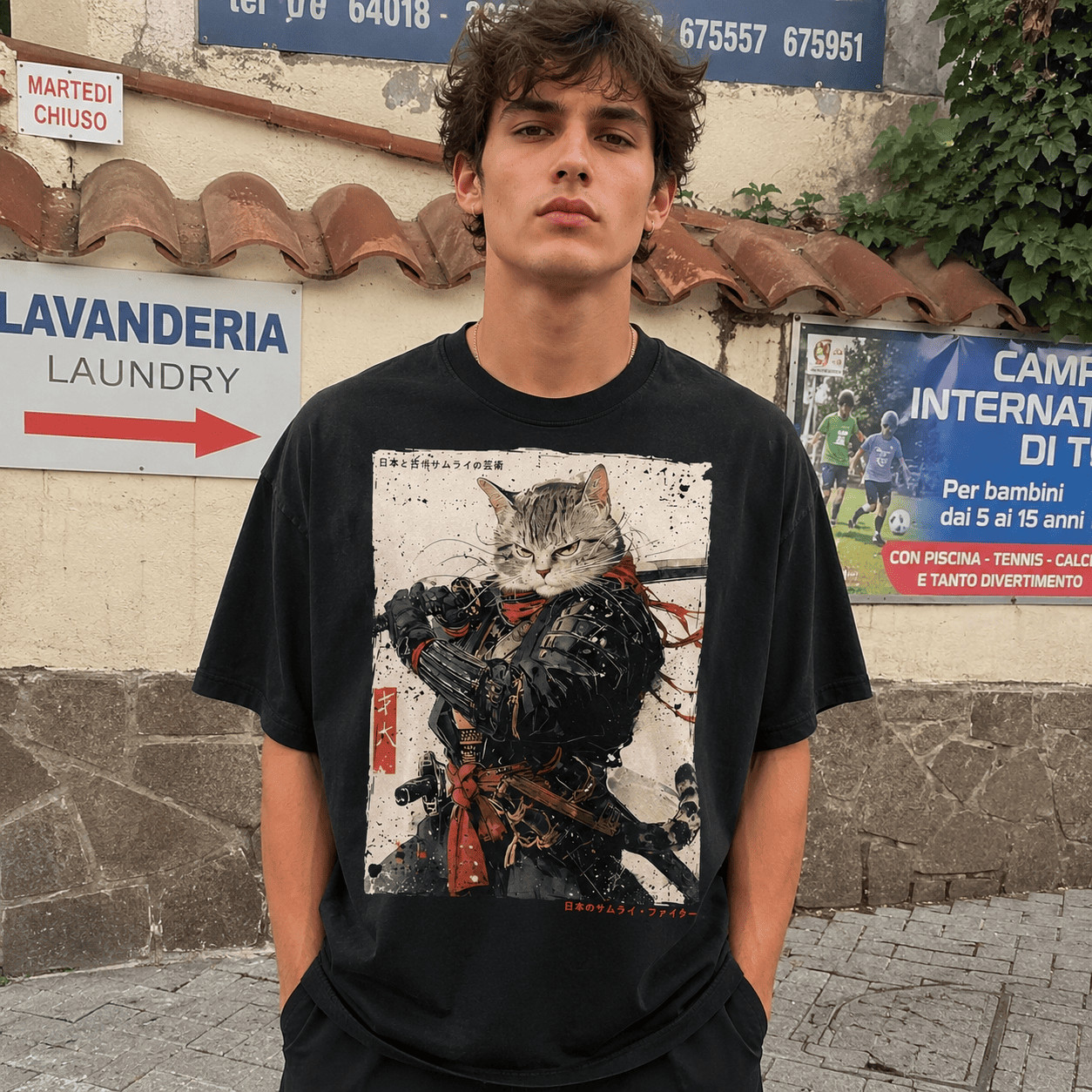Samurai Cat Warrior Graphic T-Shirt Ukiyo-e Japanese Ink Art Tee gallery