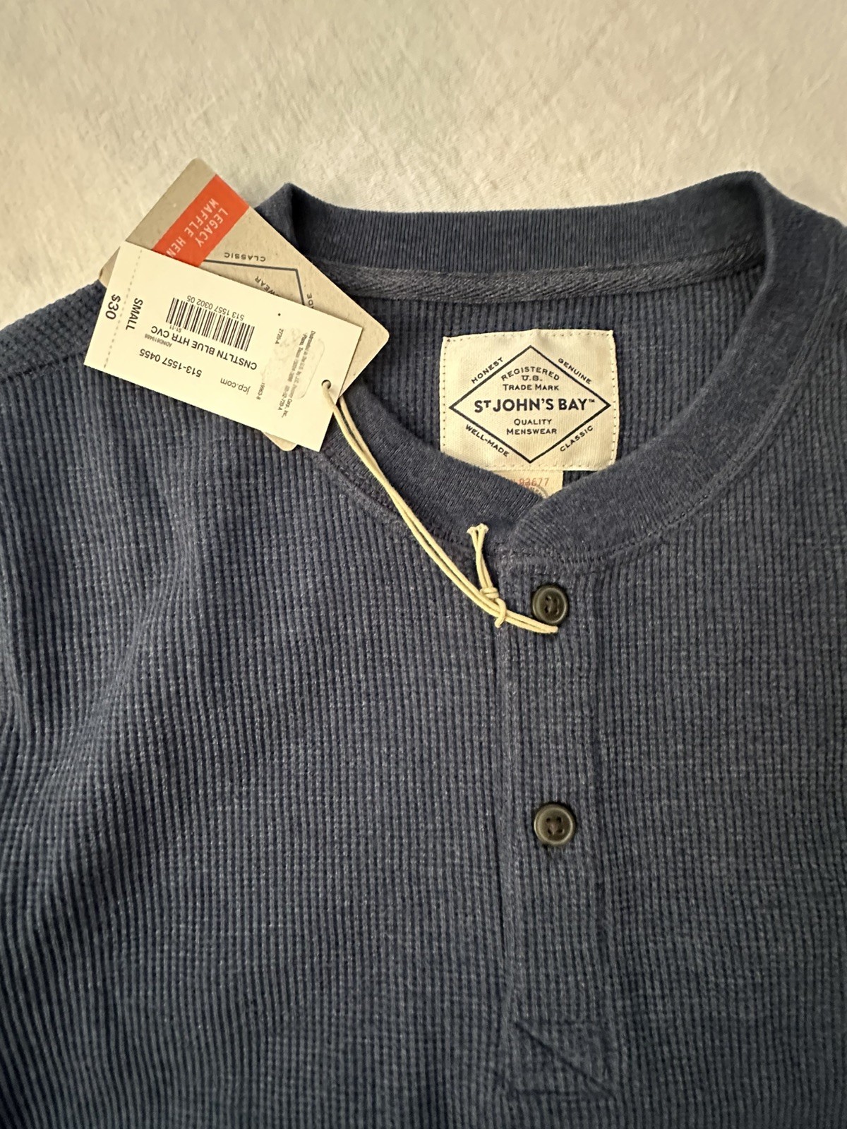 NEW St Johns Bay Shirt Mens Small Blue Cotton Henley Waffle Knit Long Sleeve