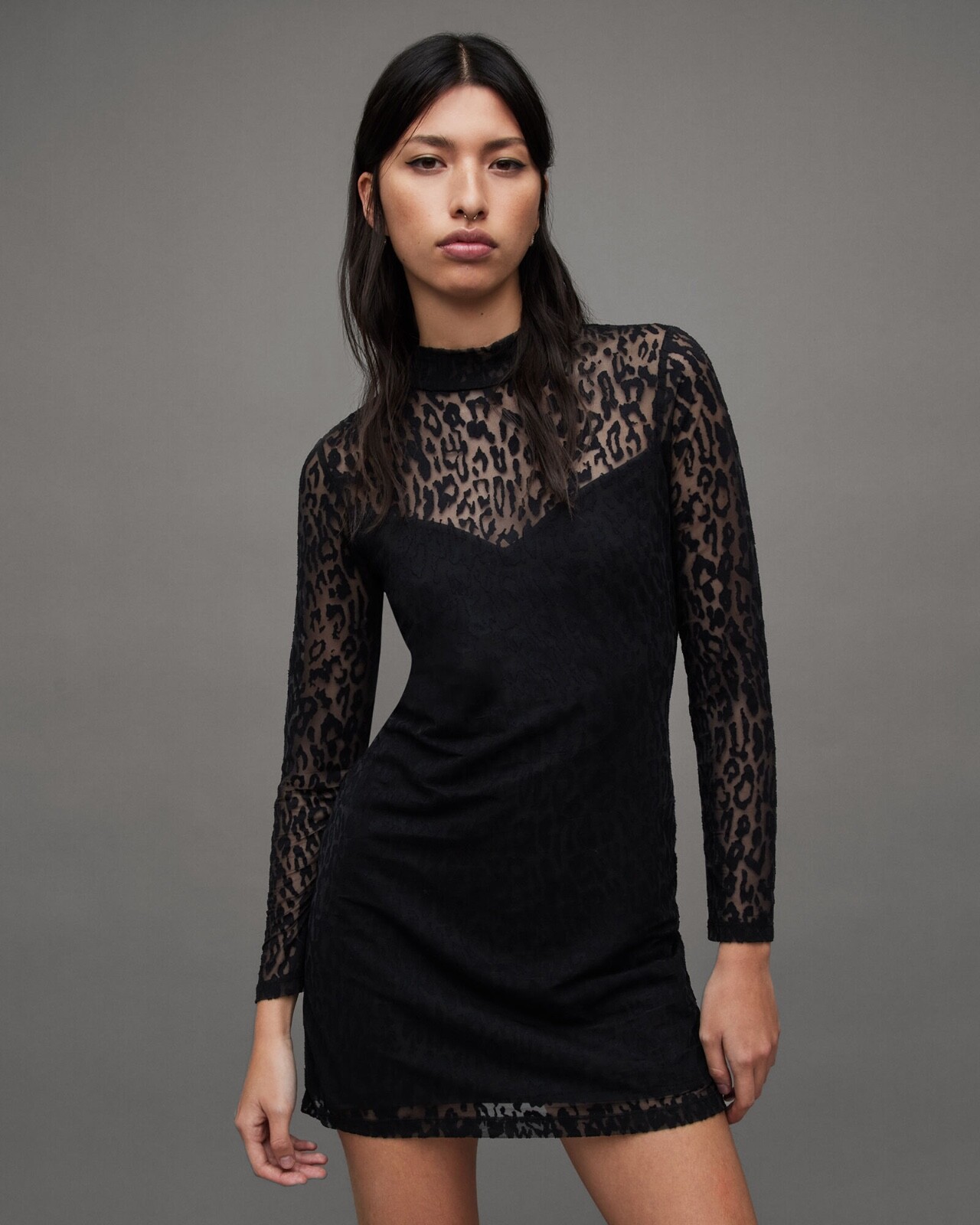 All Saints Womens Leopard Print Mini Dress Hanna Anita Black Slim Long Sleeve gallery