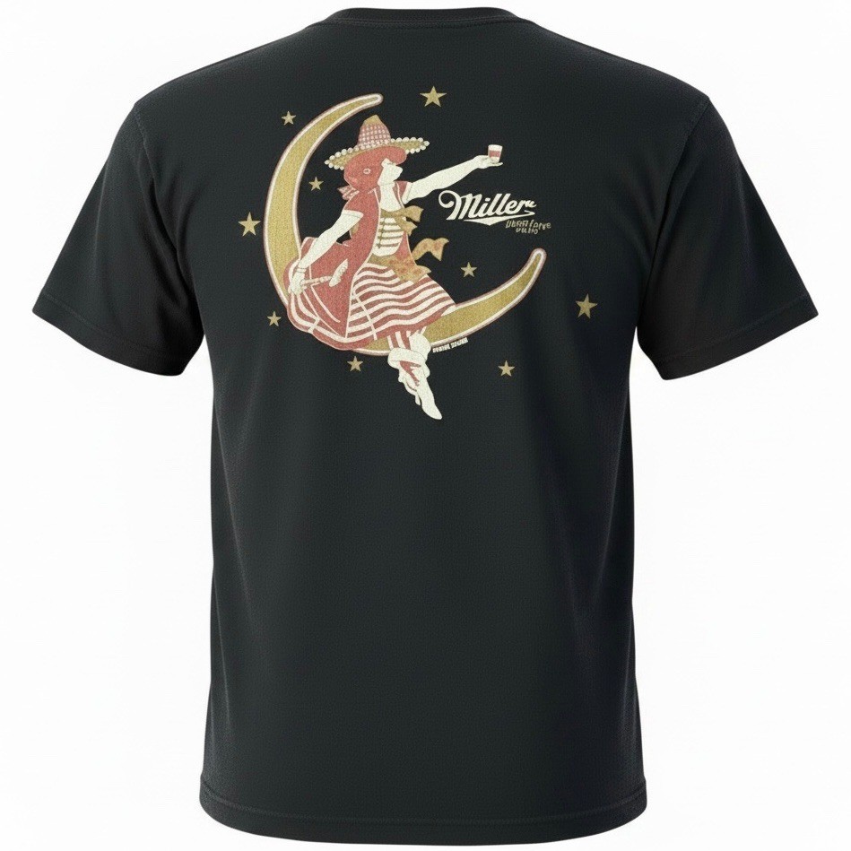 Tee Luv Miller High Life Beer Girl in the Moon Black Graphic T-Shirt Mens Size L